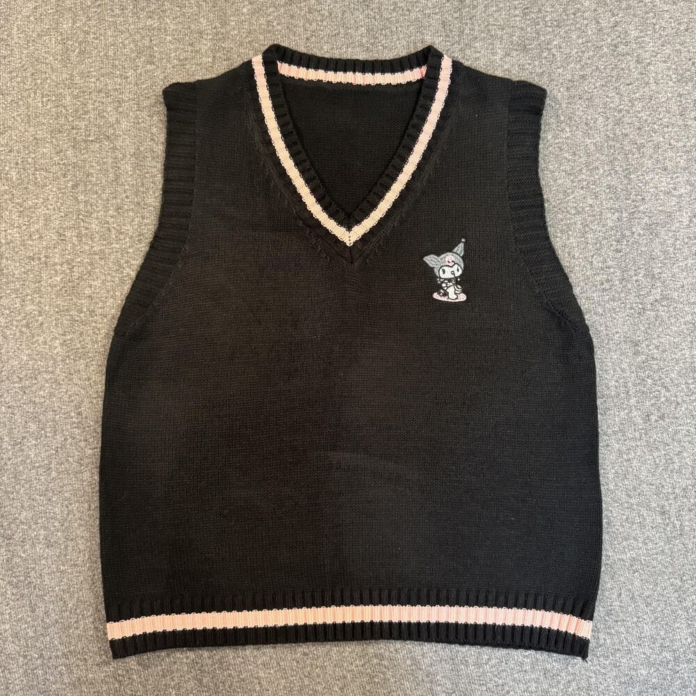 Kuromi Sweater Vest Womens Medium Black Knit V-Neck Cartoon Sanrio Cute